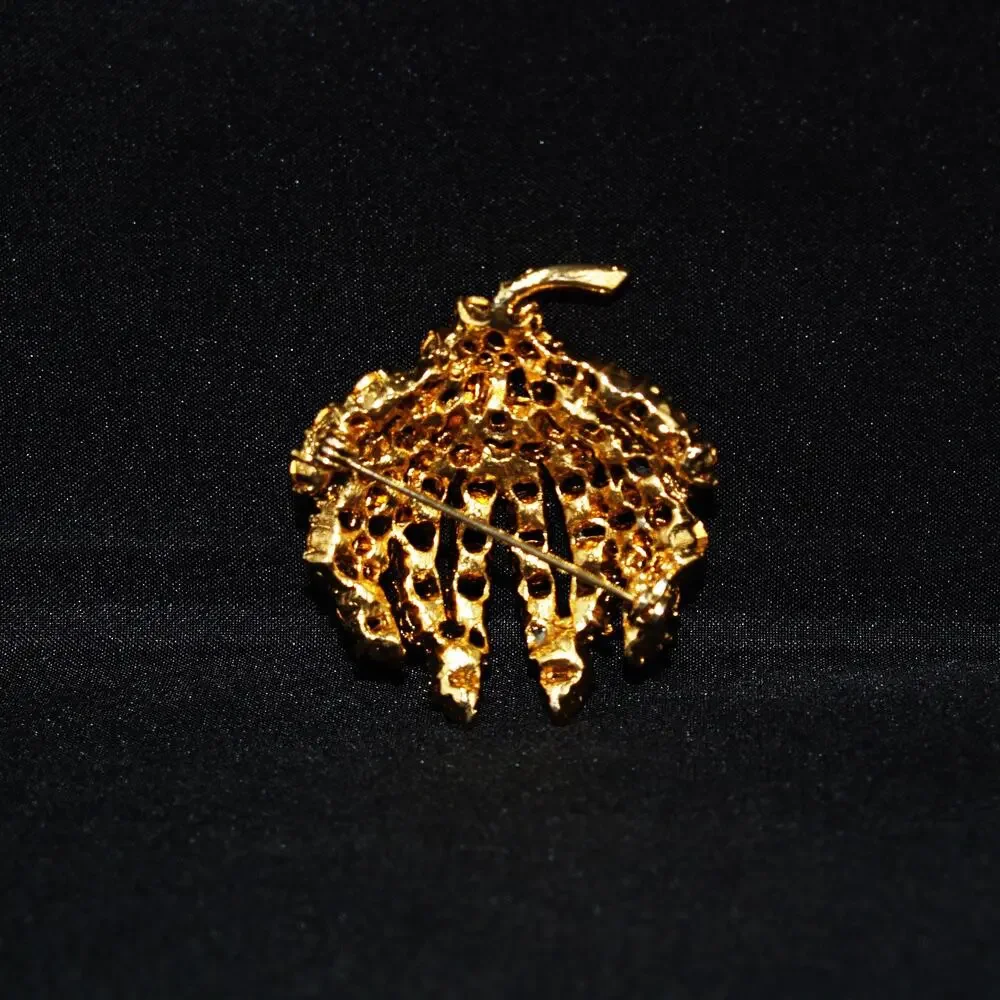 Vintage Floral Red Pink Rhinestone Brooch, Gold Tone, 1990s Jewelry